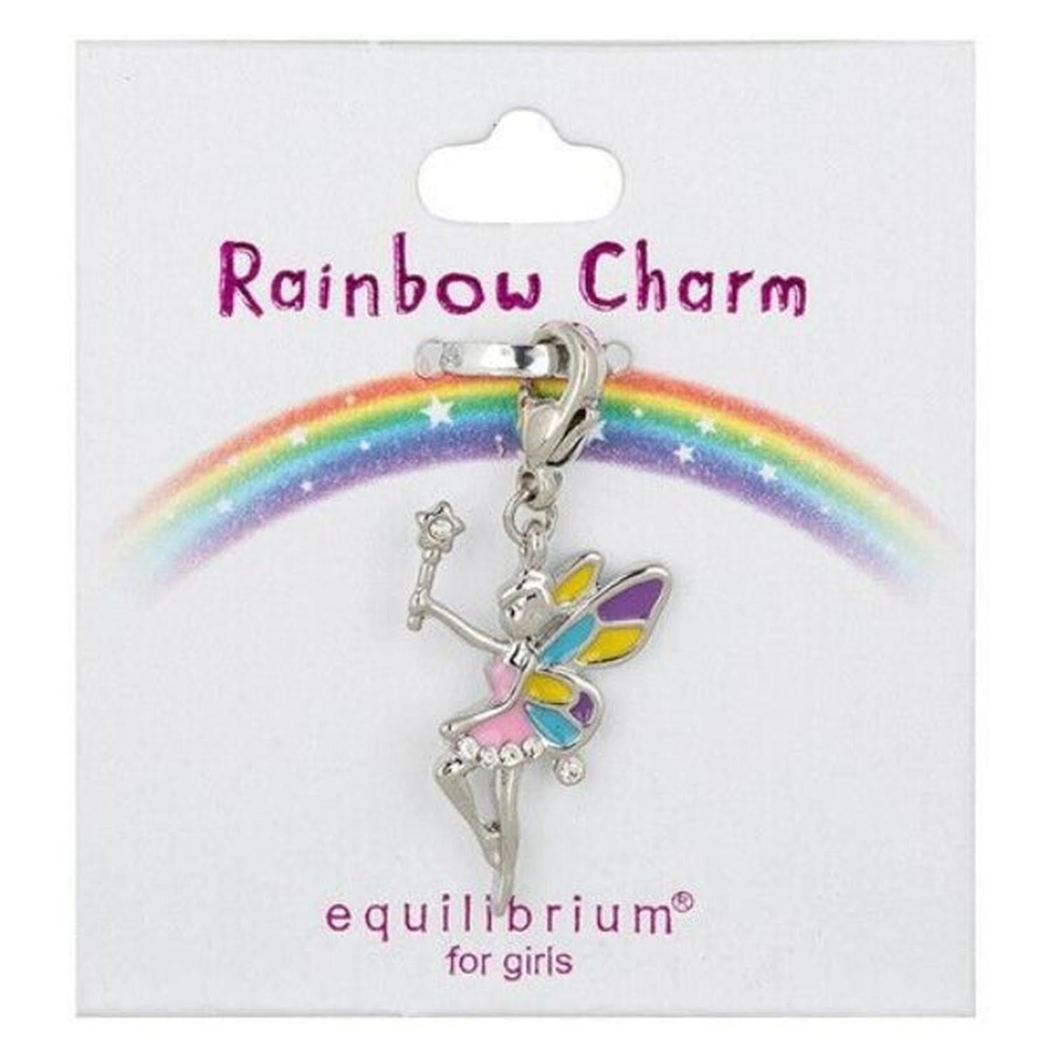 Silver childrens fairy charm pendant with colourful wings in purple yellow and blue on gift card with rainbow background