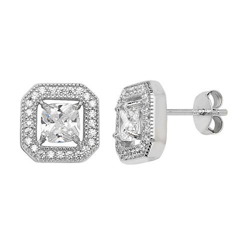Sterling Silver Rhodium Plated White Cubic Zirconia Square Earrings - Melchior Jewellery