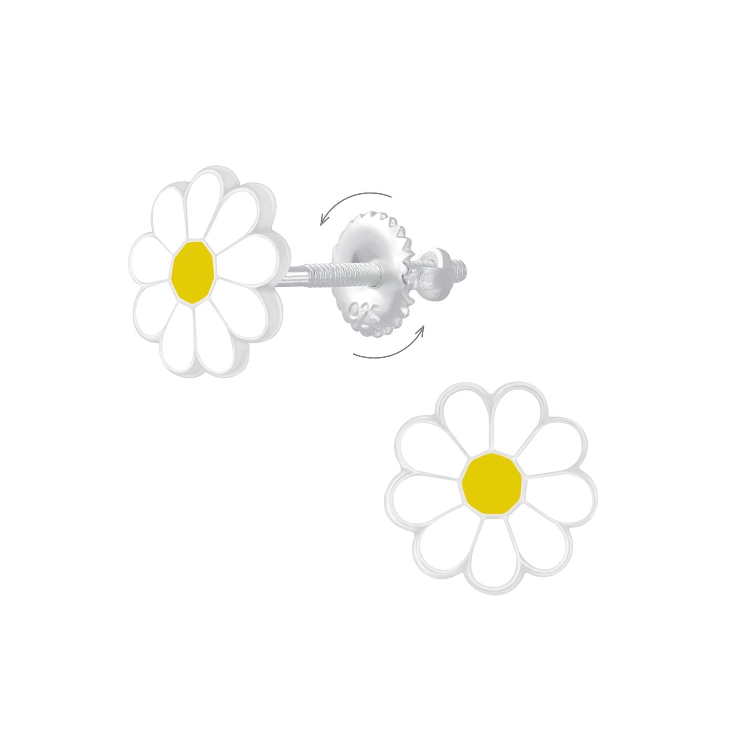 sterling silver white and yellow kids screw back flower earrings by Melchior Jewellery for children