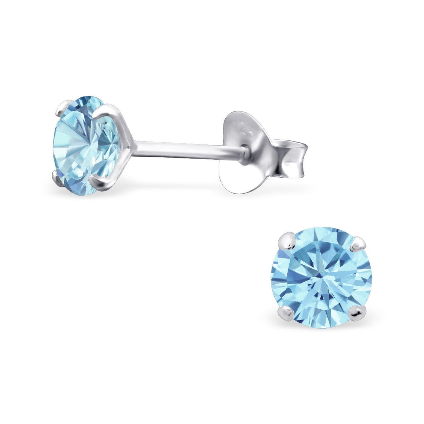 Melchior Jewellery Sterling silver birthstone earrings sky blue round studs with four prong settings and butterfly backs