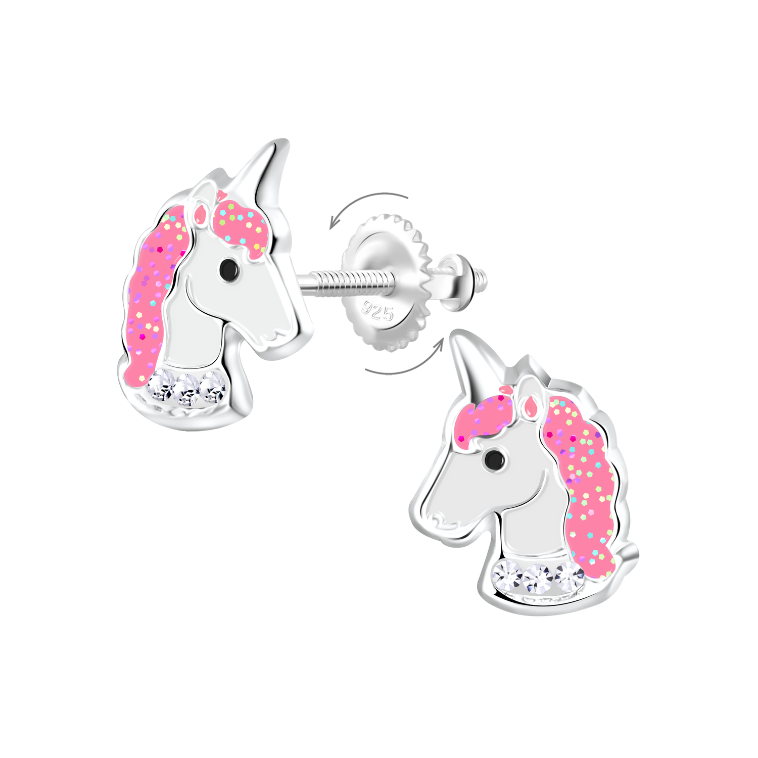 Sparkly unicorn screw back earrings for kids by Melchior Jewellery with pink glitter mane and silver finish