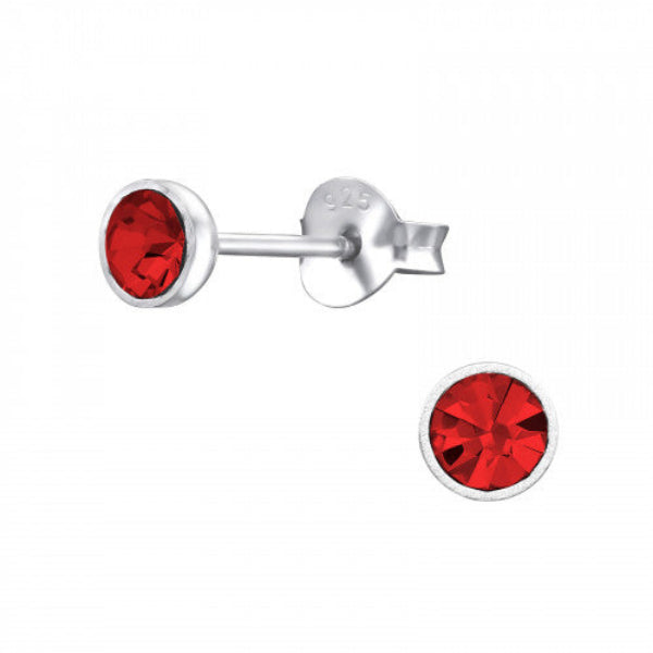 Melchior Jewellery 4mm coloured cubic zirconia earrings red round bezel set sterling silver 925 studs with butterfly backs