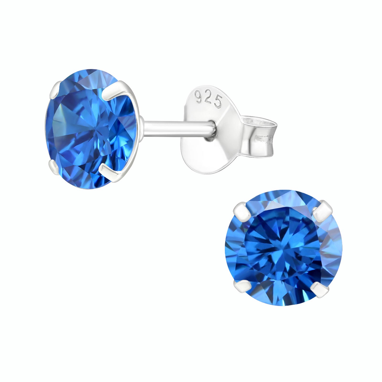 Melchior Jewellery sterling silver birthstone earrings featuring round blue gemstones in four-prong settings