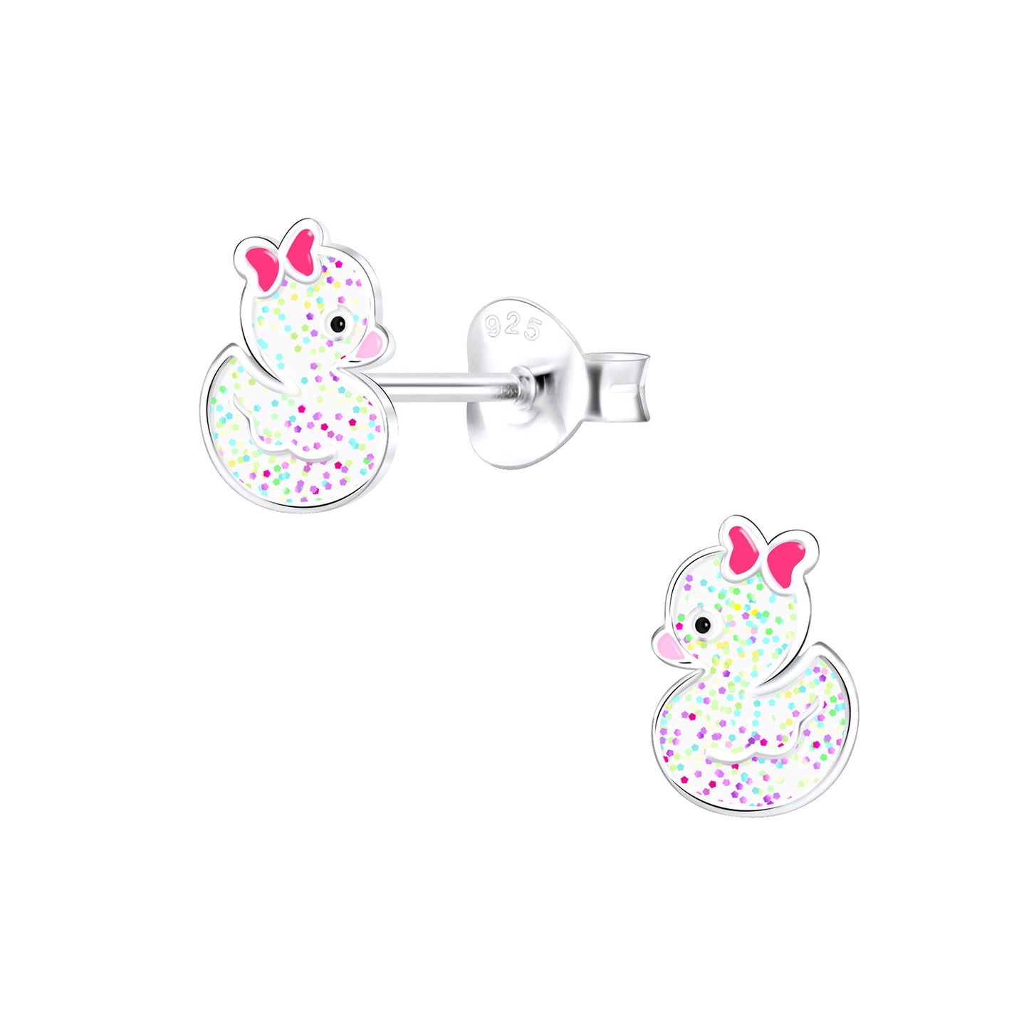 Sterling silver duck earrings for kids with pink bows and multicolour glitter by Melchior Jewellery