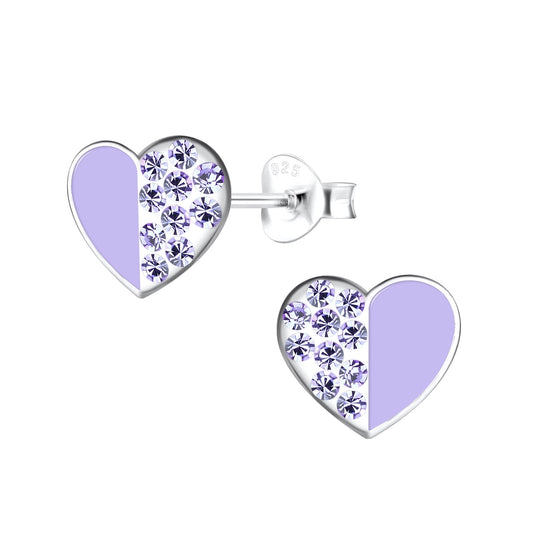 Melchior Jewellery sterling silver earrings for girls heart shaped with purple crystals and enamel