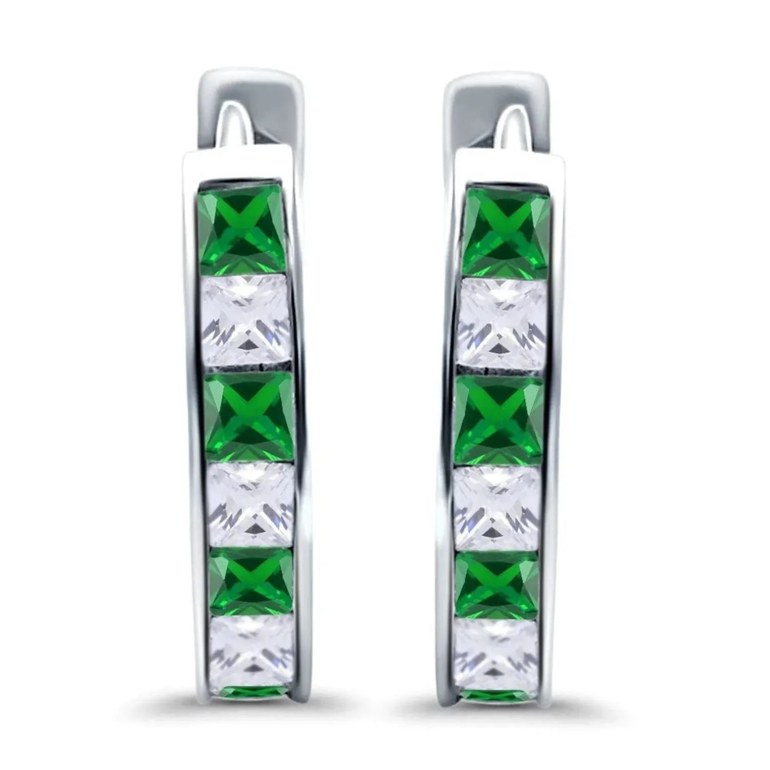 Melchior Jewellery Sterling Silver Emerald Princess Cut Channel Set Hoop Earrings with green and clear stones