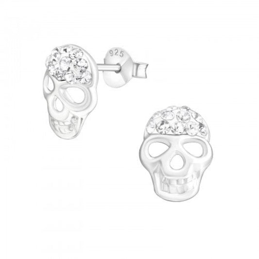 Melchior Jewellery sterling silver skull stud earrings with crystal details for women