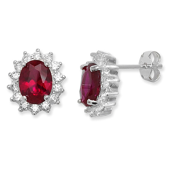 Melchior Jewellery womans sterling silver ruby stud earrings with oval ruby and surrounding clear stones