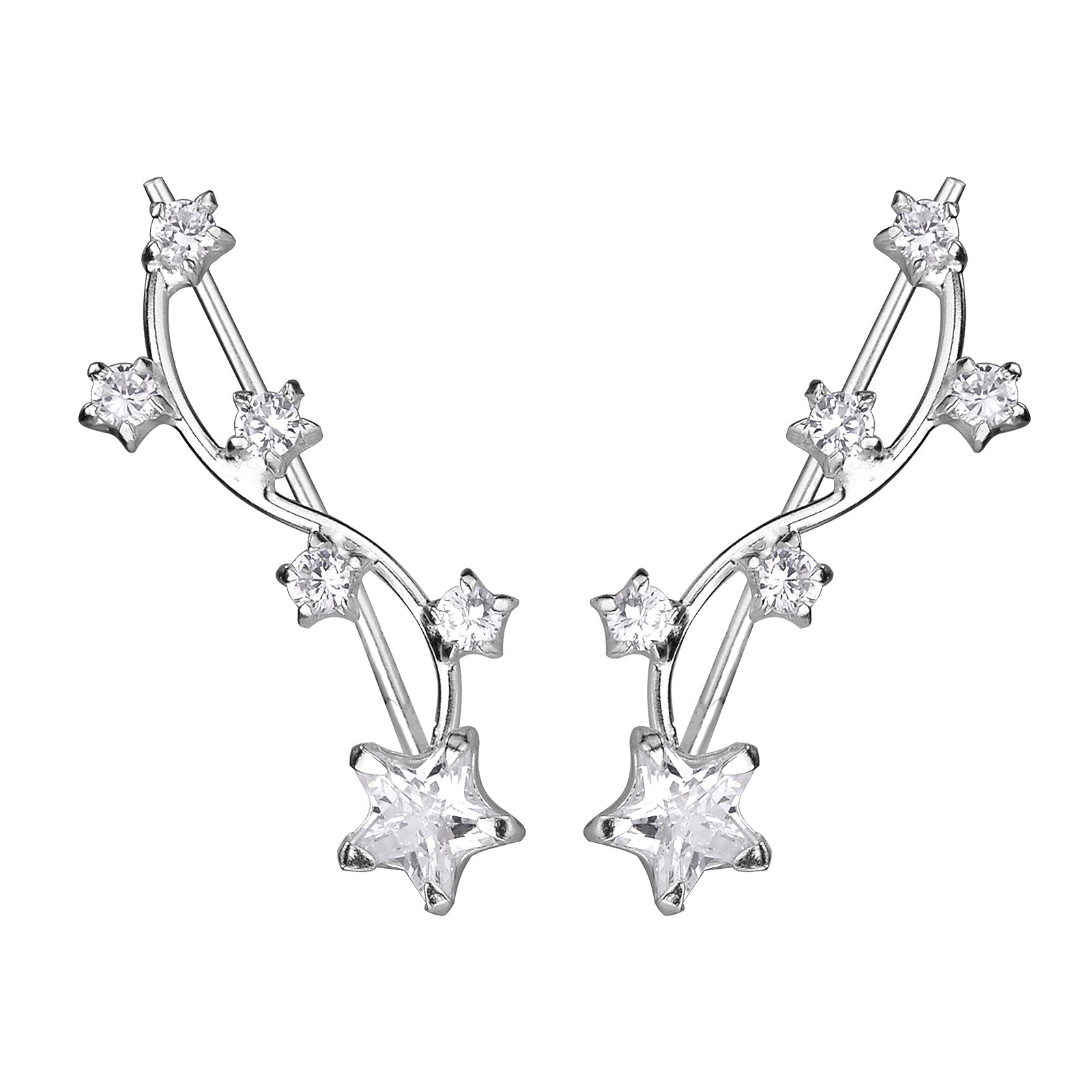 Silver ear climbers adorned with clear star-shaped and round crystals showcasing how to wear ear climbers with elegance