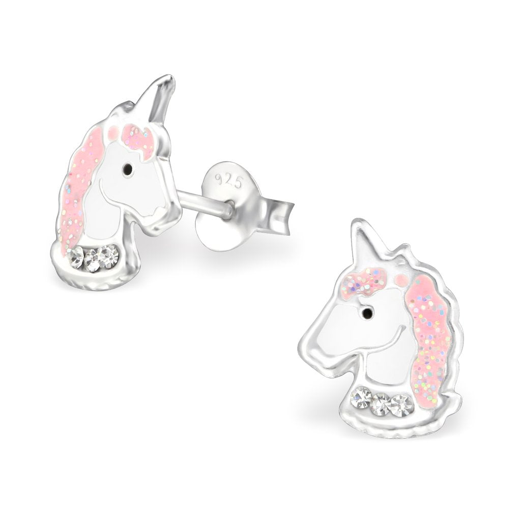 Best sterling silver earrings for children featuring cute unicorn design with pink glittery mane and small clear crystals