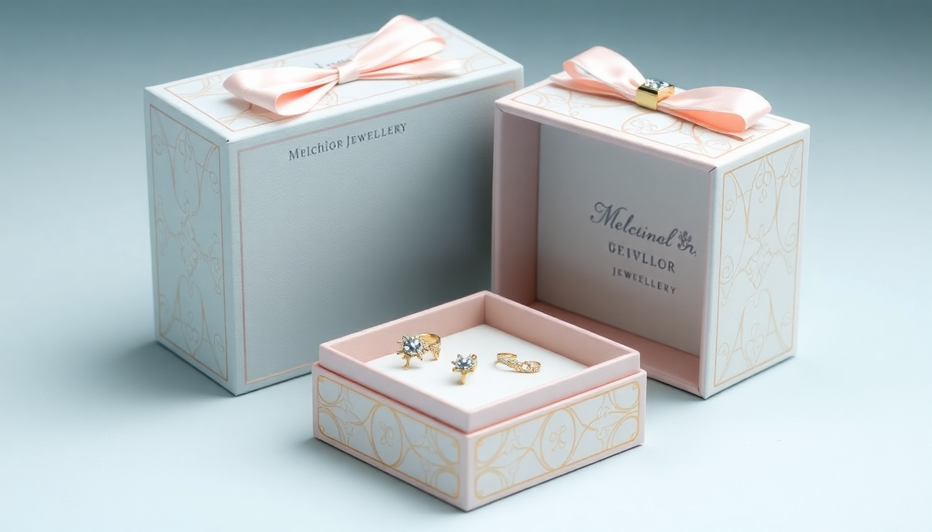 Delicate sterling silver jewellery for kids displayed in elegant white and pastel pink boxes with peach satin bows
