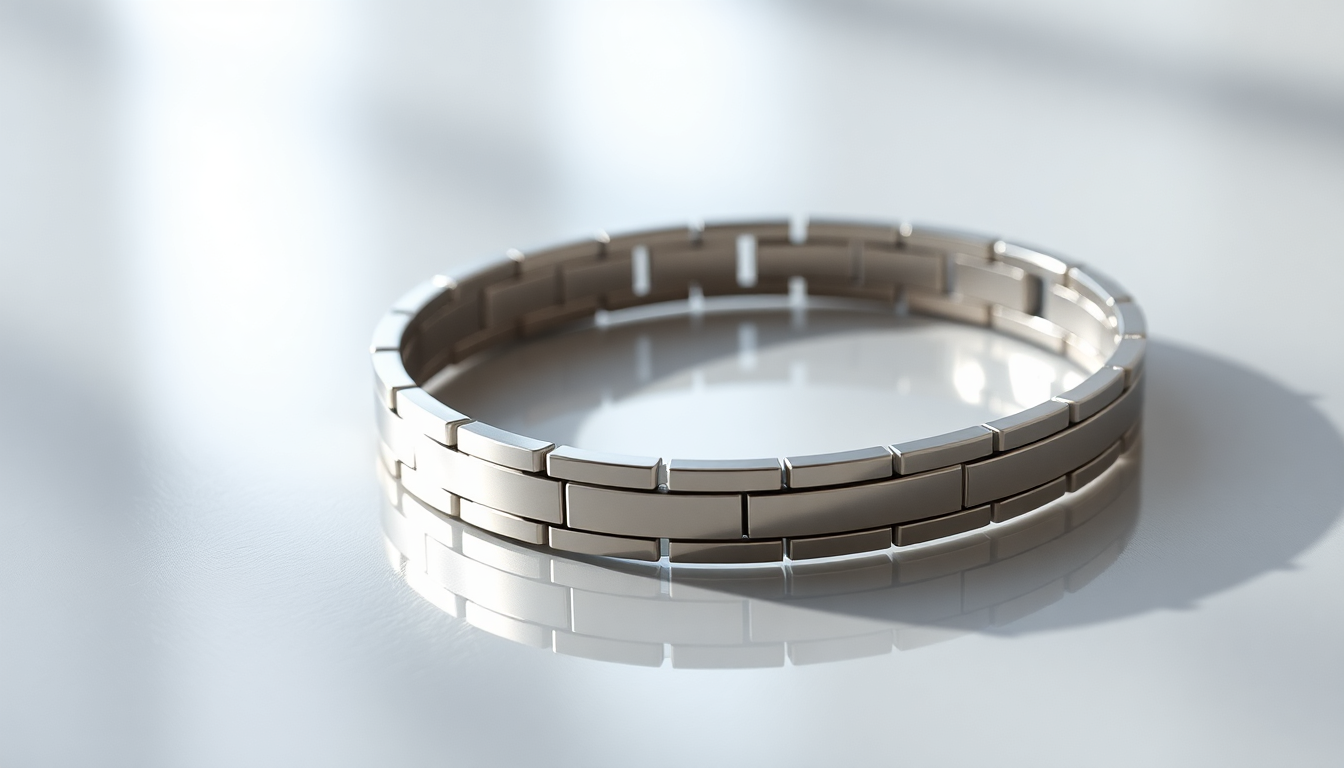Shiny silver metallic magnetic therapy bracelet on a reflective white surface highlighting magnetic therapy bracelets benefits