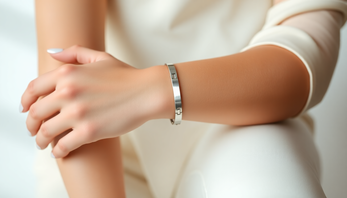Silver bracelet elegantly worn on a woman's wrist, showcasing a sleek design.