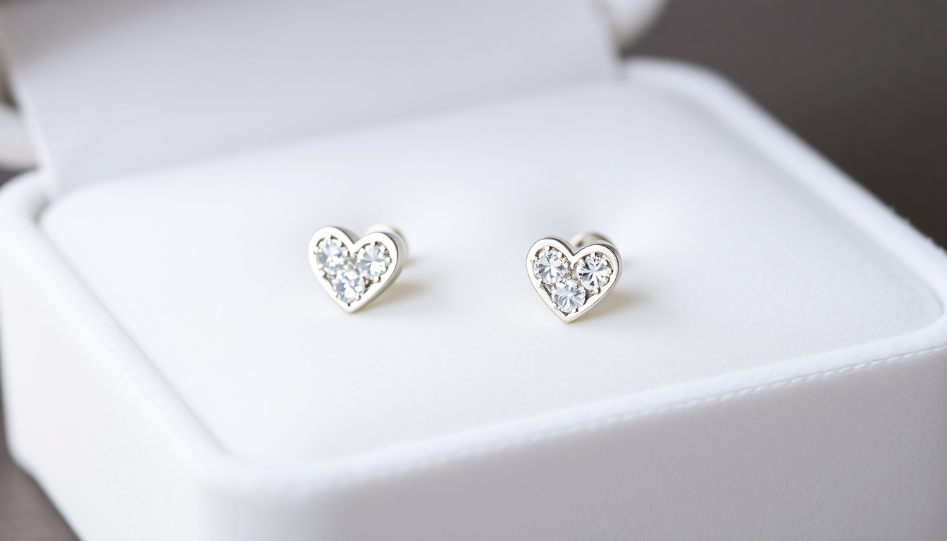 Delicate heart-shaped sterling silver earrings for children with sparkling clear stones in white jewellery box