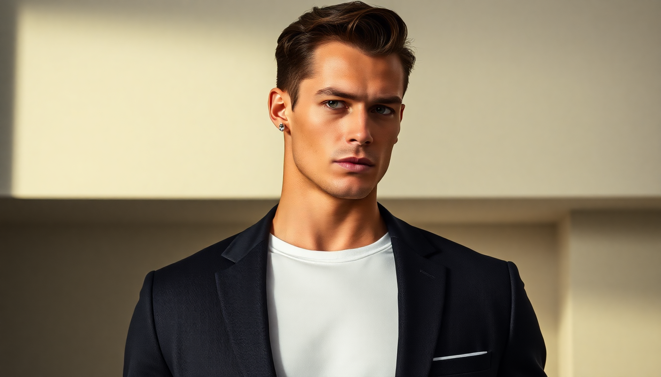 Stylish man wearing the best sterling silver earrings for men with a black blazer and white t-shirt in warm lighting
