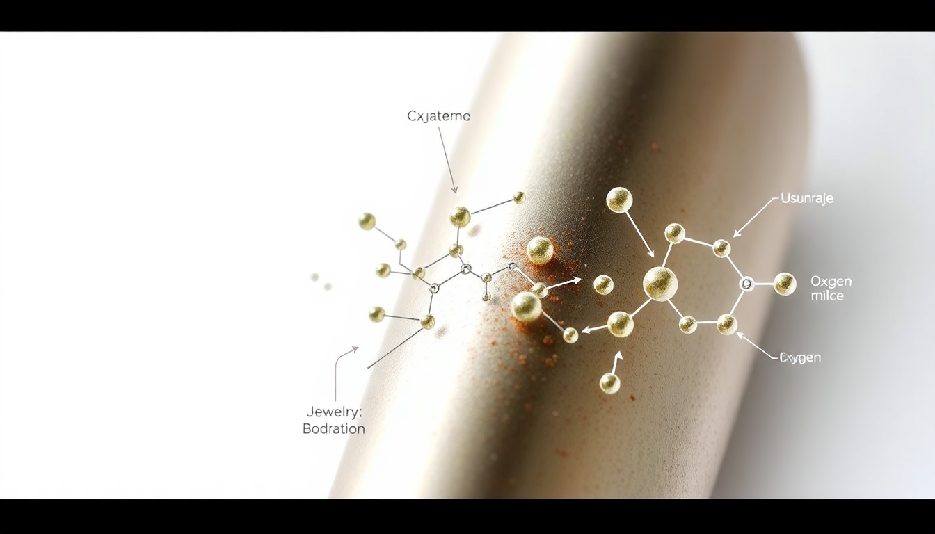 Close-up of a metallic gold jewellery piece with labelled molecular structure explaining why does jewellery oxidise