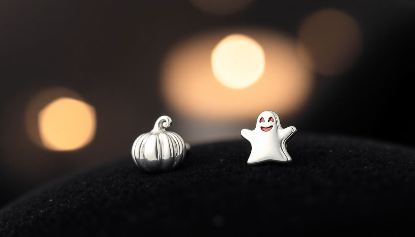 Silver Halloween earrings for children featuring a detailed silver pumpkin and a smiling white ghost on a black background