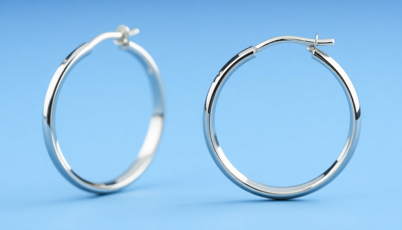 Shiny silver hoop earrings on a light blue background illustrating how to verify sterling silver authenticity