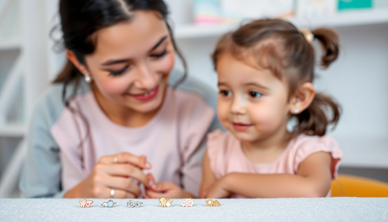 Smiling mother and daughter with dark hair and pink tops wearing safe earrings for kids sensitive ears in a bright