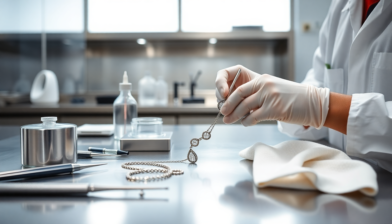 carefully cleaning tarnished silver jewellery with tools on silver metal table showing how to remove tarnish from silver jewellery