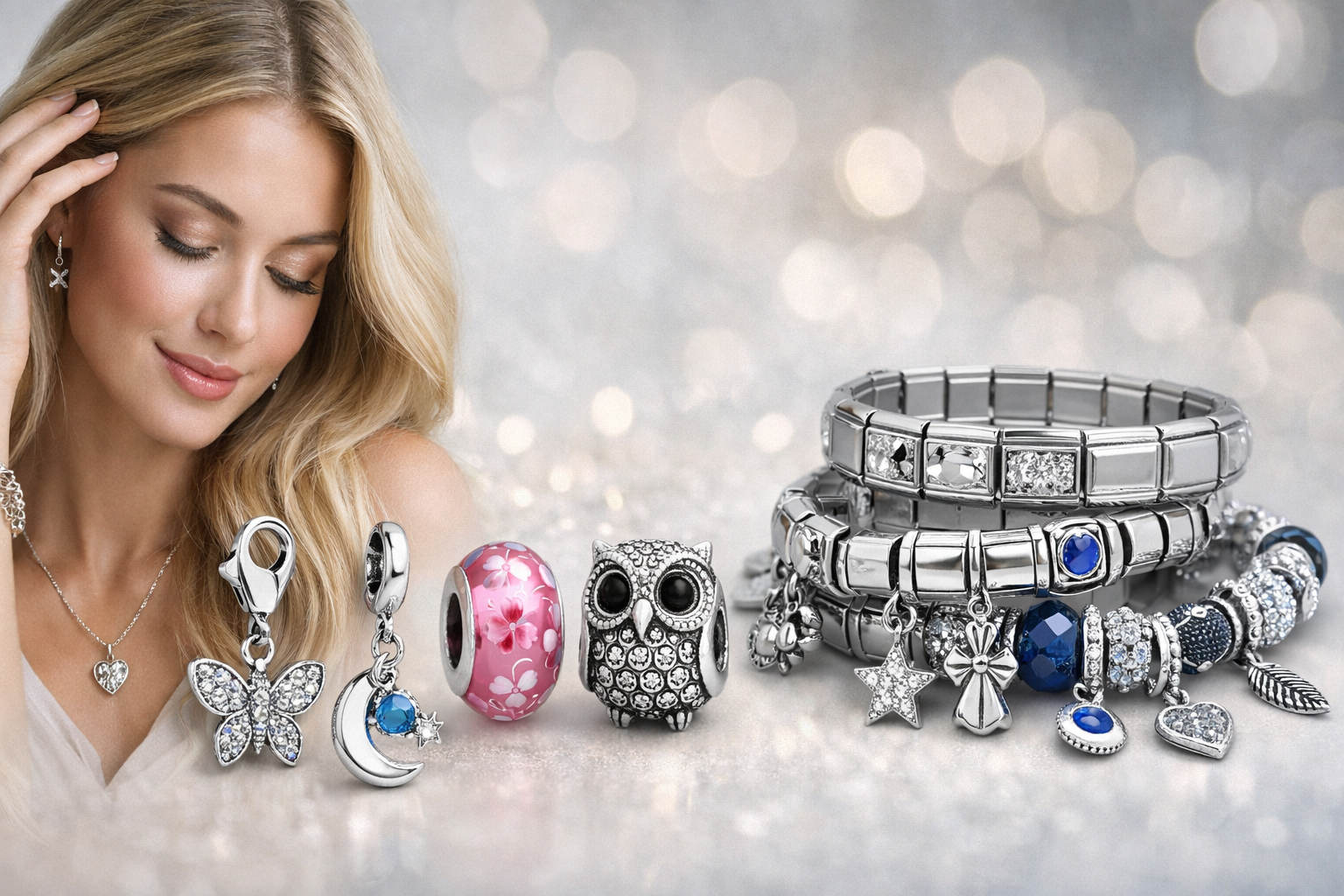 Silver Charm Bracelet featuring owl, butterfly, and moon charms, styled with a model.