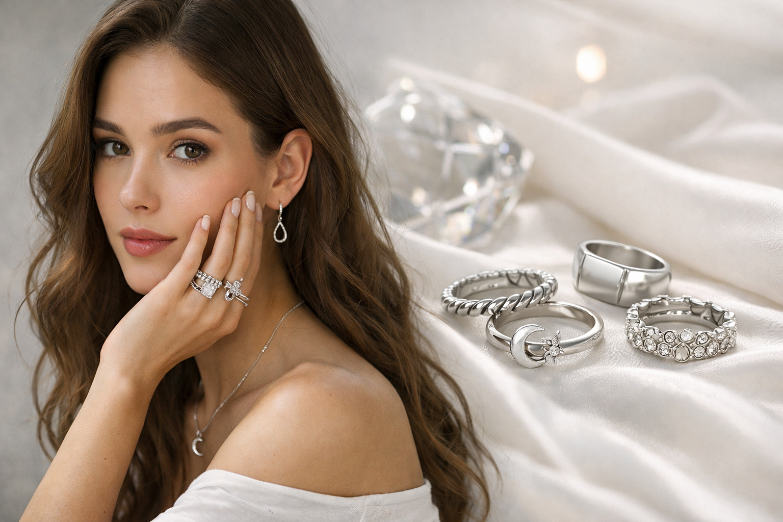 Silver Jewelry Collection featuring rings and earrings, elegantly displayed with a model.