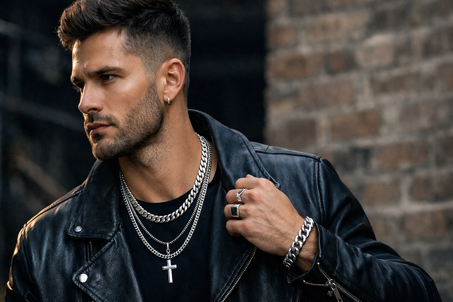 Stylish silver chains for men worn by a man in a black leather jacket with layered necklaces and bracelet
