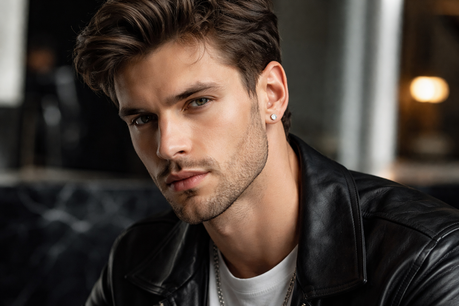 Close-up of a man wearing stylish sterling silver earrings for men in a modern indoor setting