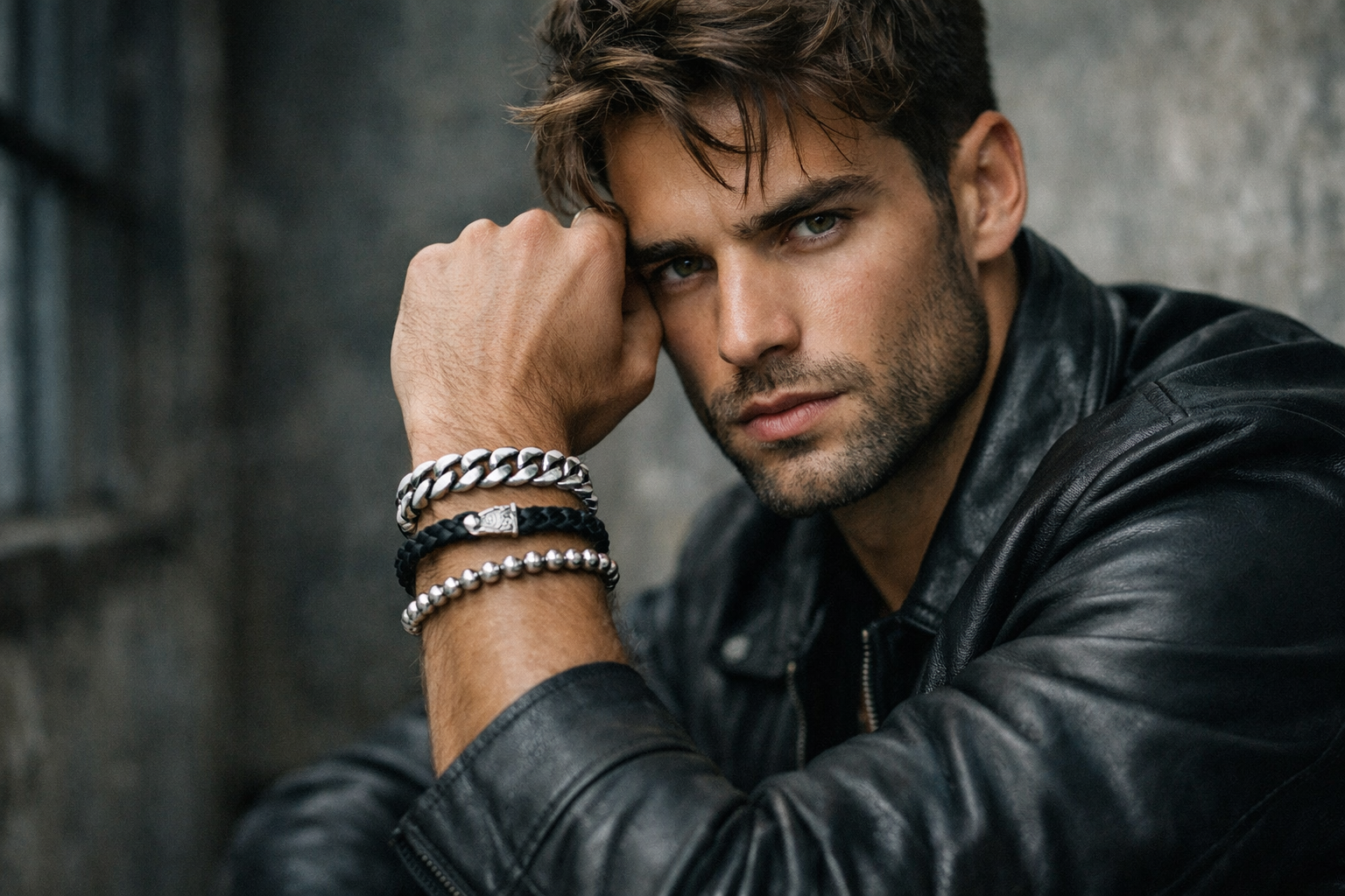 Stylish man wearing mens silver bracelets paired with a black leather jacket in a modern setting