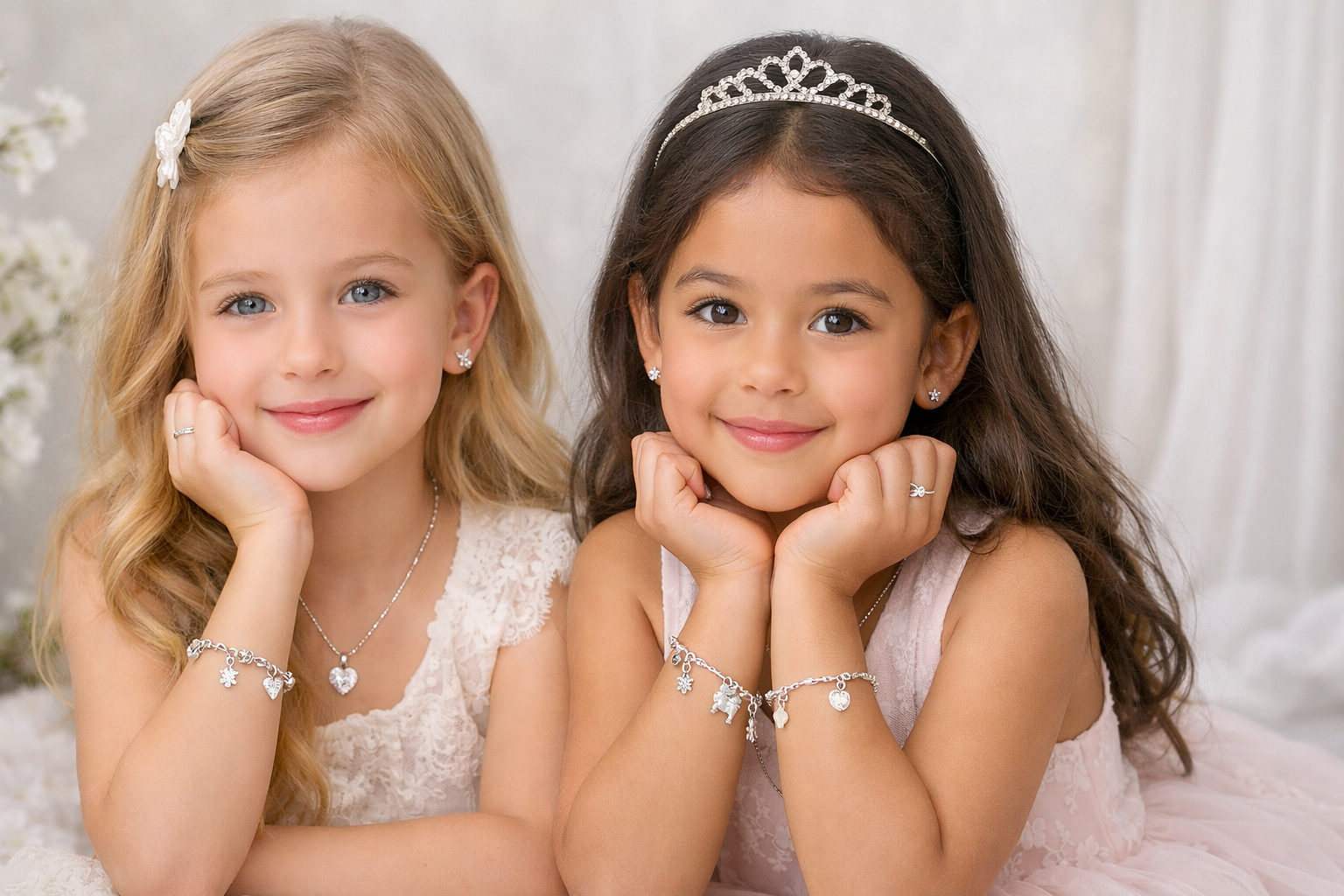 Two smiling girls wearing kids hypoallergenic jewellery including earrings, bracelets, and necklaces in sterling silver