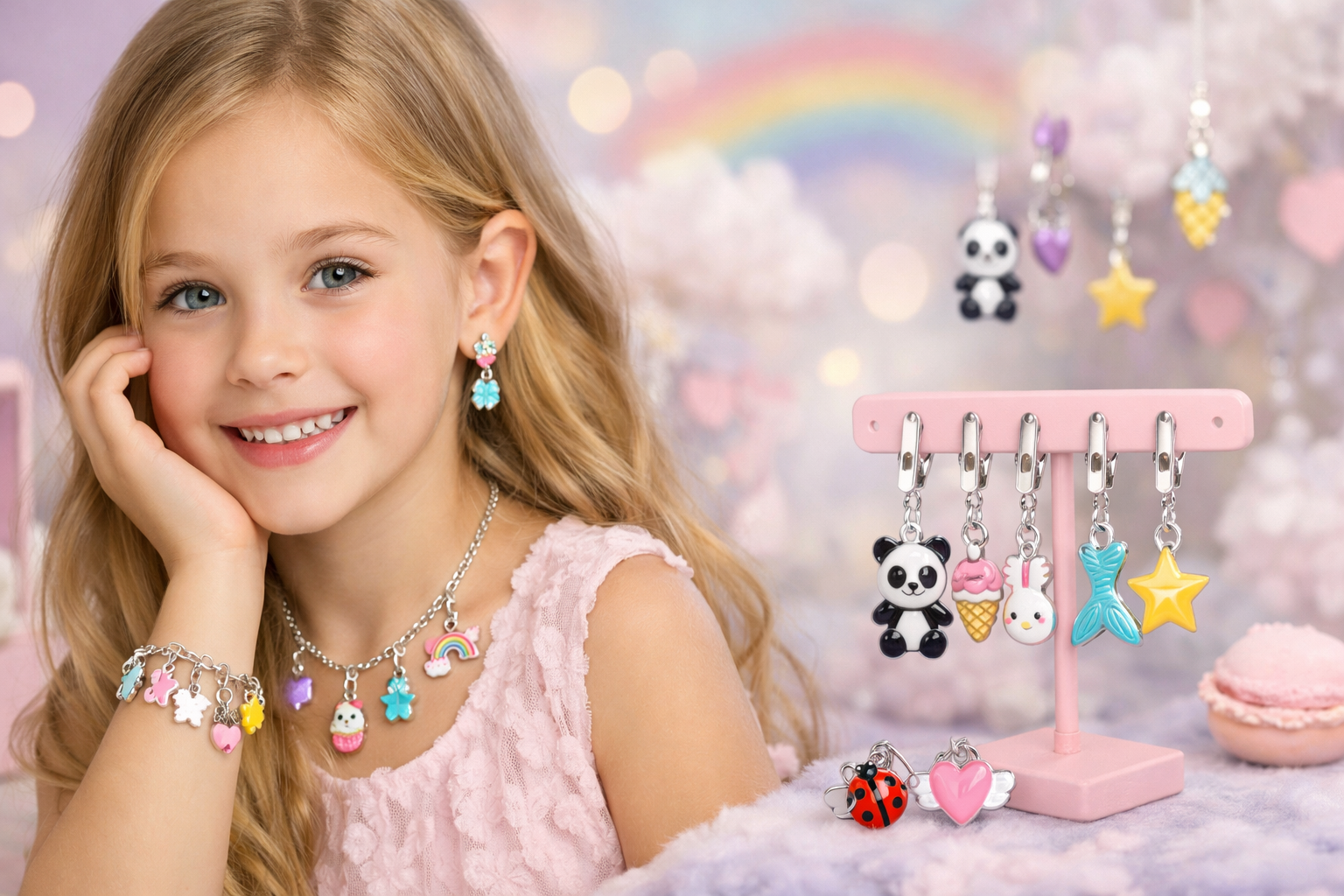 Elegant girls jewellery collection with colourful charms necklaces bracelets and playful designs worn by smiling girl