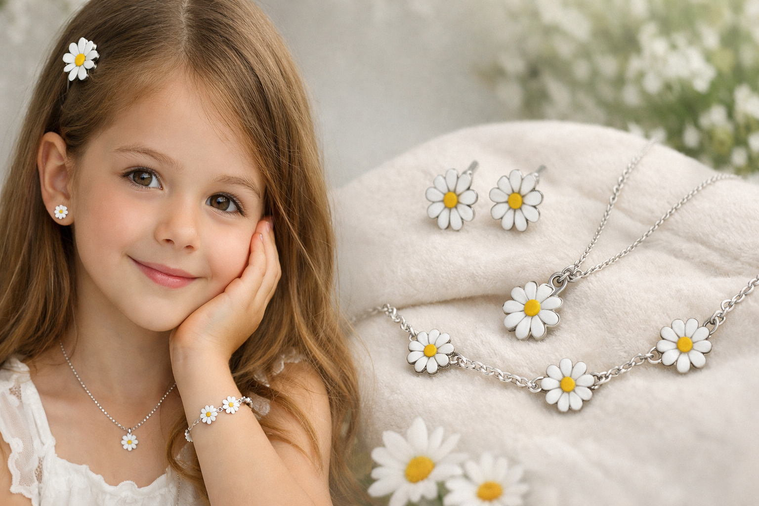Daisy Jewelry Set featuring earrings, necklace, and bracelet for girls, adorned with white and yellow flowers.