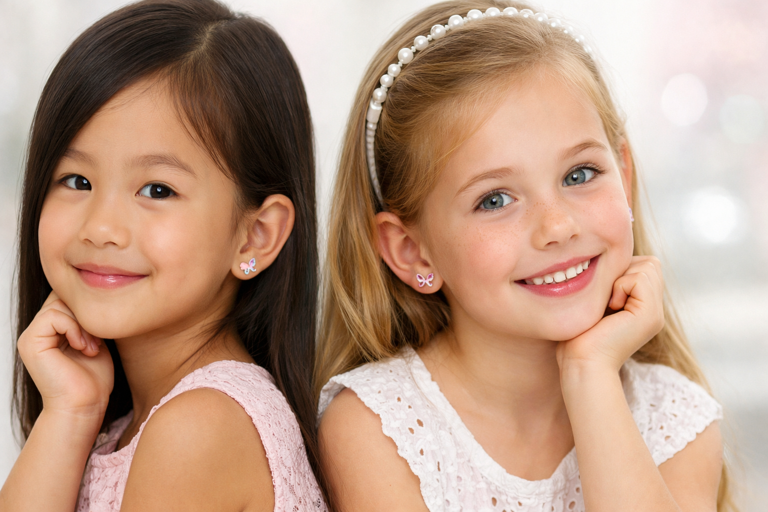 Children's earrings featuring sparkling designs, worn by two smiling girls with long hair.