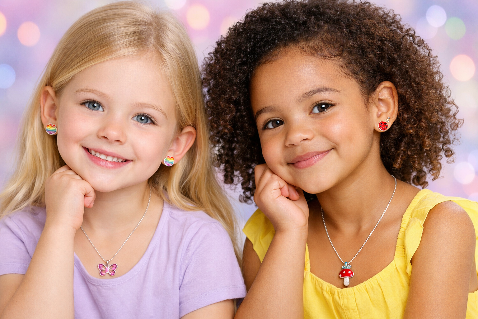 Colorful Kids Jewelry featuring two girls wearing matching necklaces and earrings.