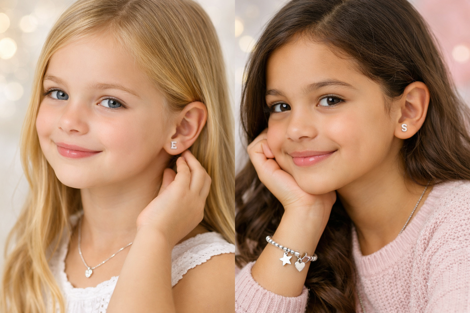 Children's jewelry featuring earrings and a star bracelet, showcasing elegant designs for young girls.