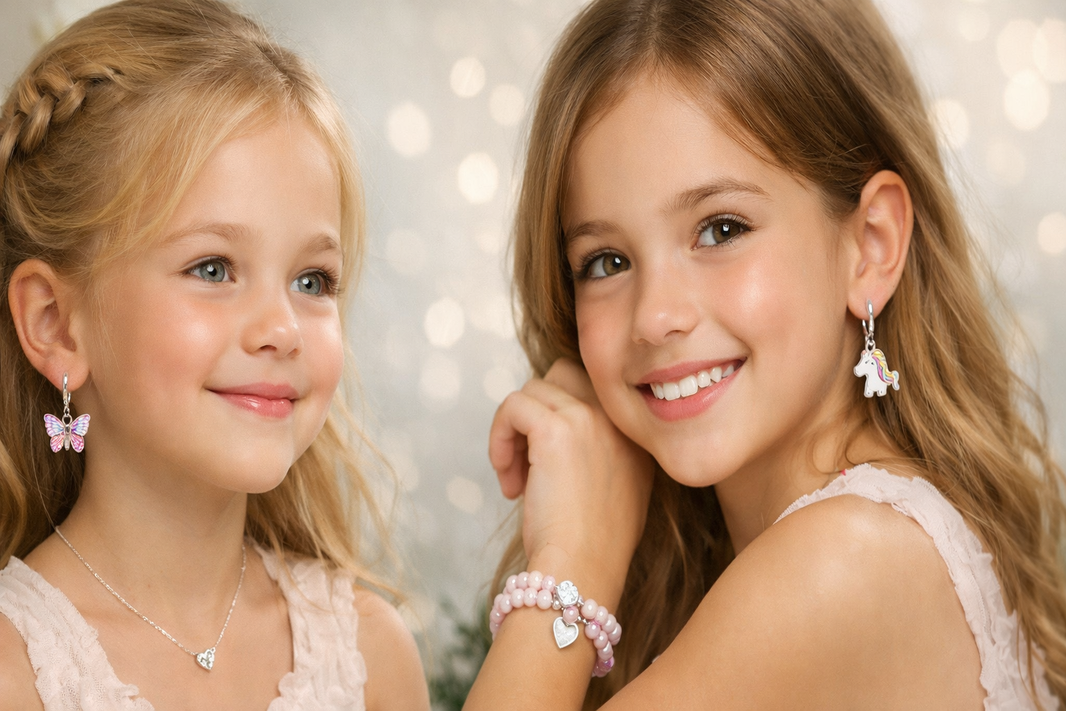 Kids Jewelry Set featuring butterfly earrings and unicorn bracelet, perfect for young girls.