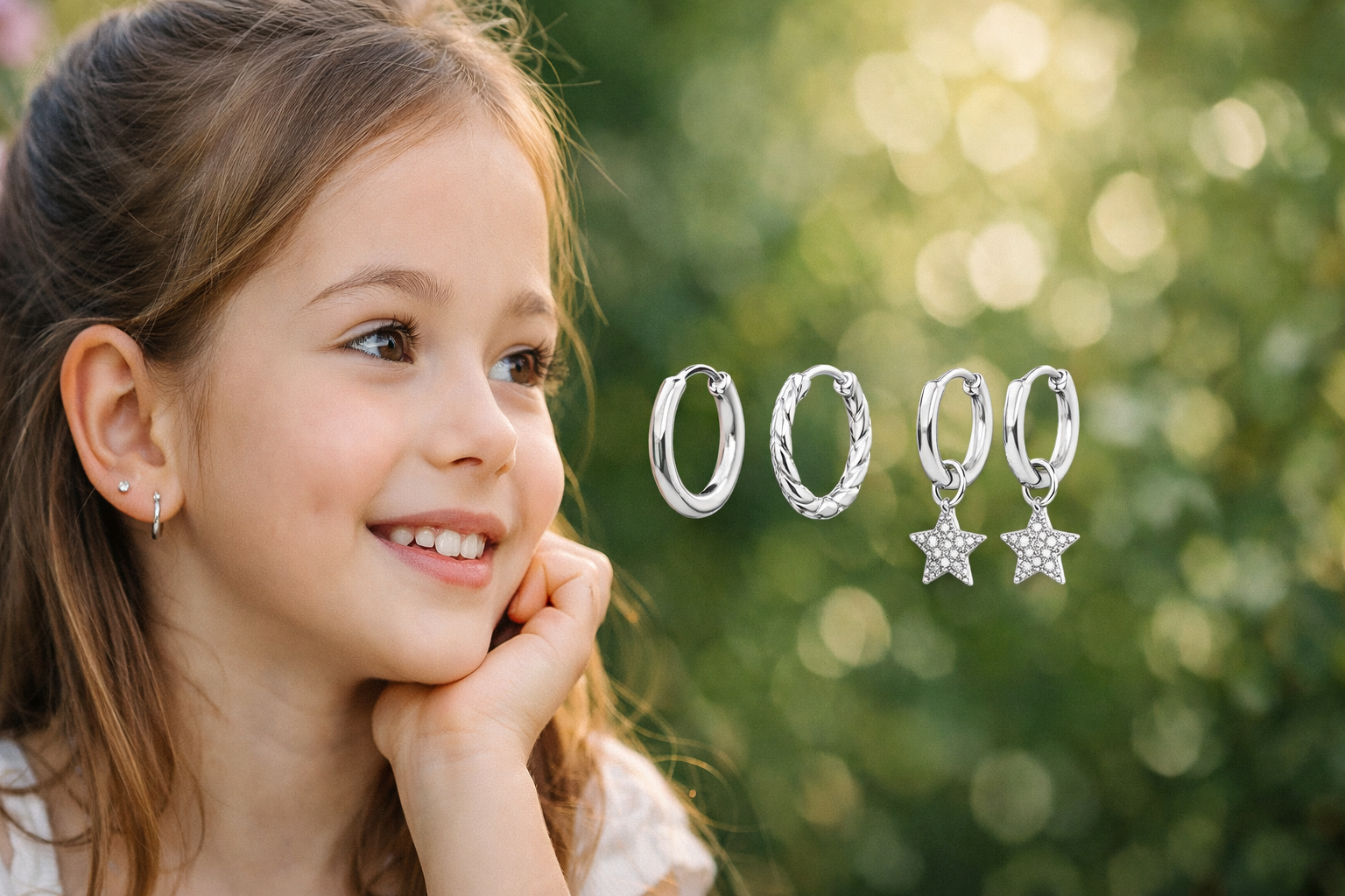 Silver hoop earrings and star-shaped earrings for kids, displayed with a smiling girl outdoors.