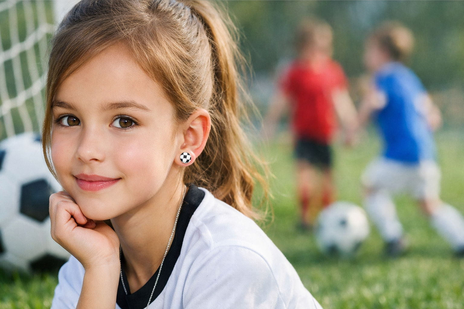 Soccer Girl with ponytail smiling on the field, wearing a white jersey.