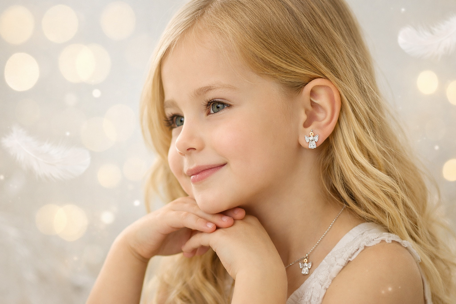 Cute girl wearing silver jewelry set with earrings and necklace, smiling softly.