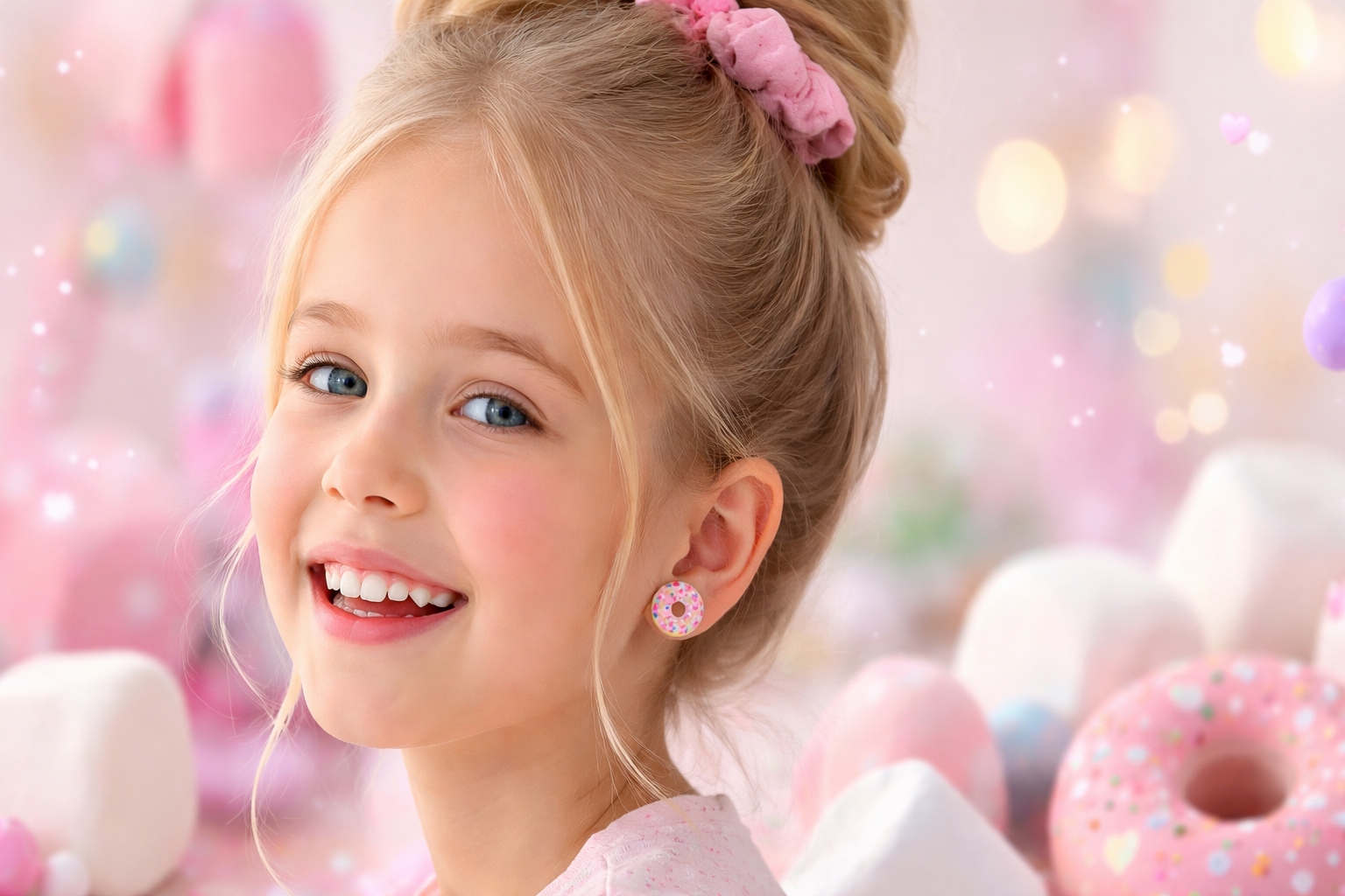 Cute girl wearing pink accessories with donut earrings, smiling in a pastel-themed setting.