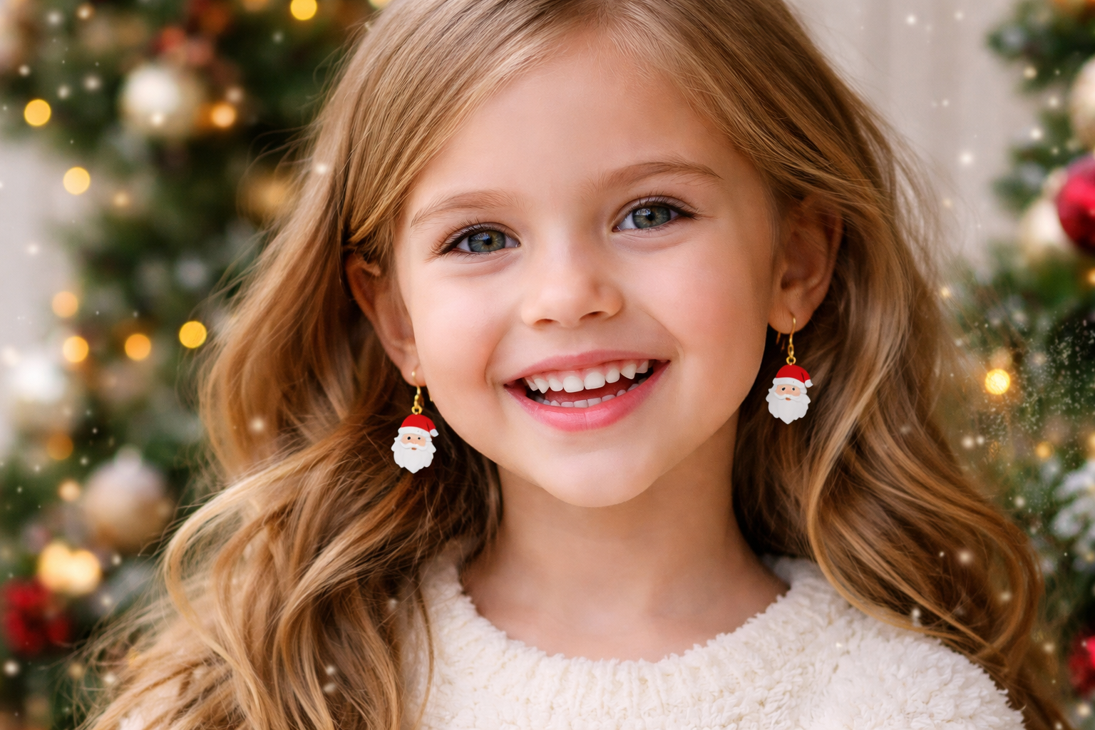 Santa Claus earrings featuring a smiling girl with long hair in a festive setting.