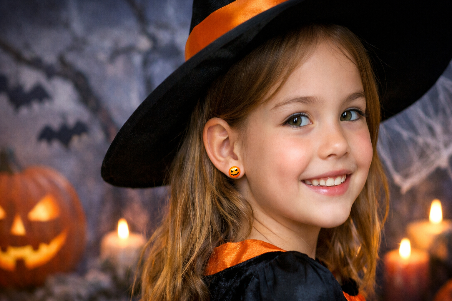 Halloween Witch Costume featuring a young girl in a black hat and orange accents, smiling with a spooky backdrop.