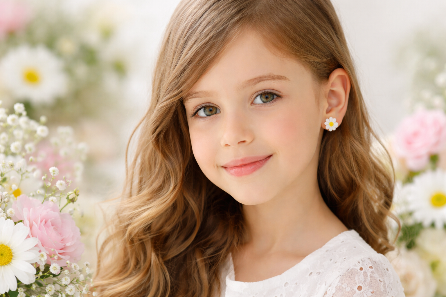 Daisy Flower Earrings for Kids, featuring a cute design with a young girl wearing them.