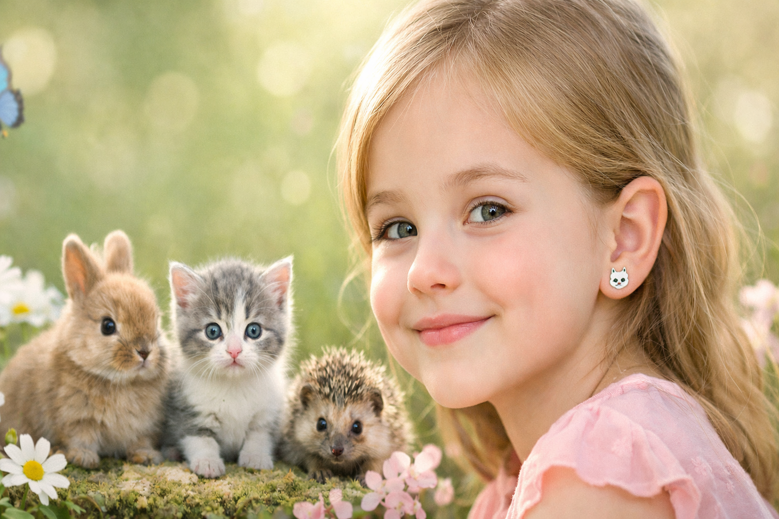 Cute animal earrings featuring a smiling face, worn by a girl with pets including a kitten and bunnies.