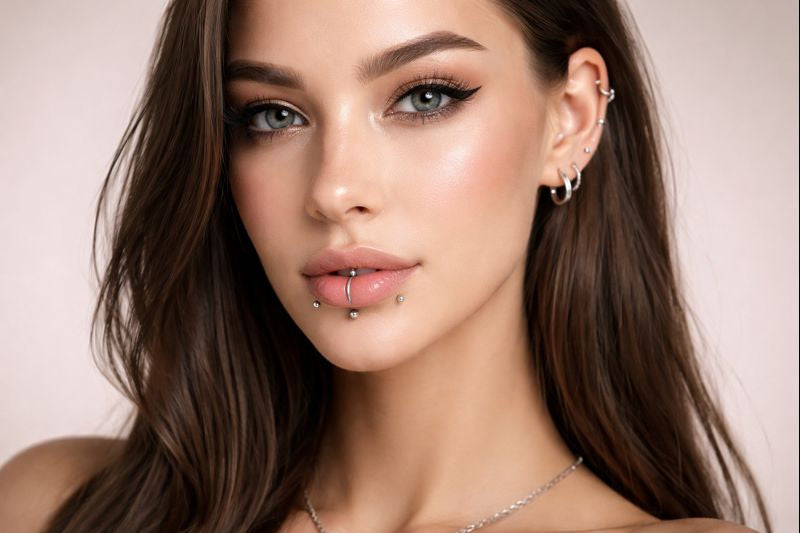 Pierced Beauty Jewelry features a model with multiple facial piercings and elegant makeup.