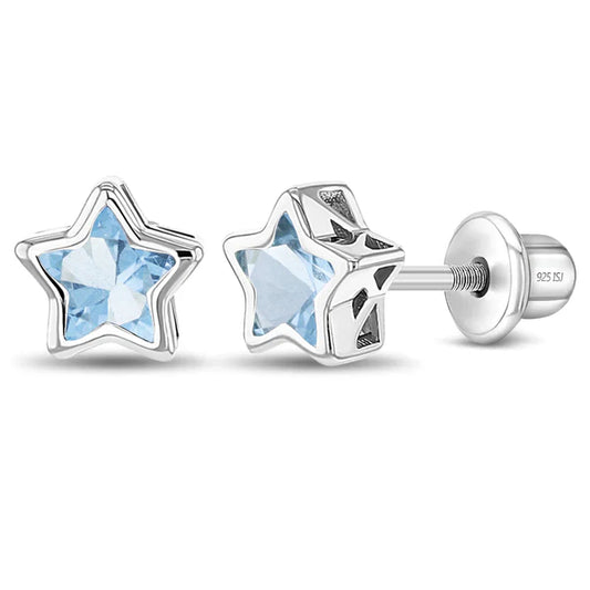 Sterling Silver Girls March CZ Star Birthstone Screw Back Earrings