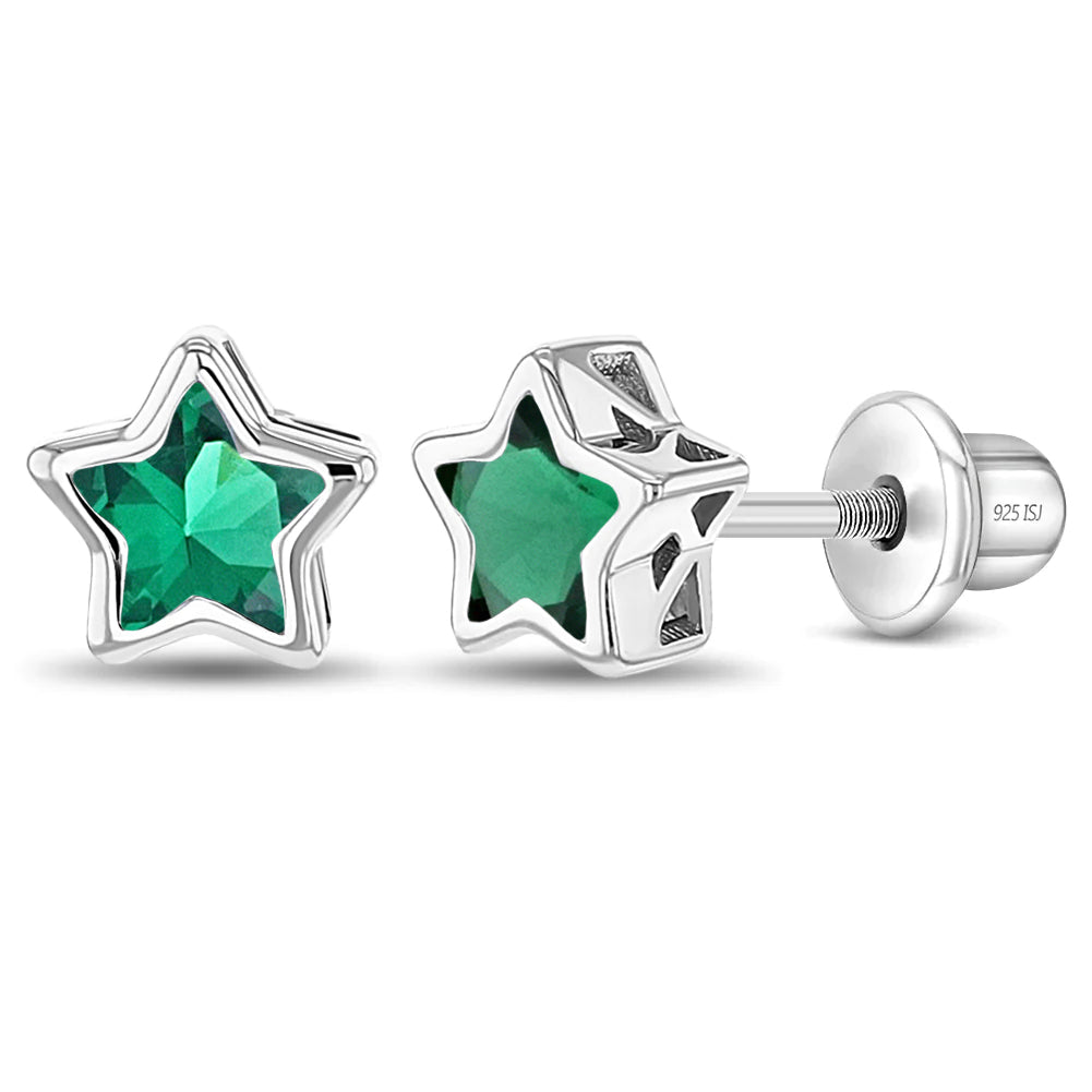 Sterling Silver Kids May Star Birthstone Screw Back Earrings