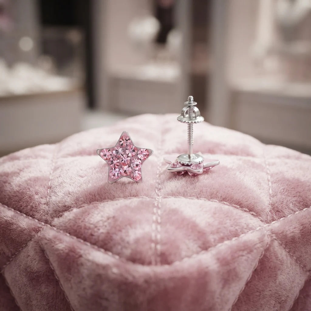 Sterling Silver Girls Pink Crystal Star Screw Back Earrings - Melchior Jewellery