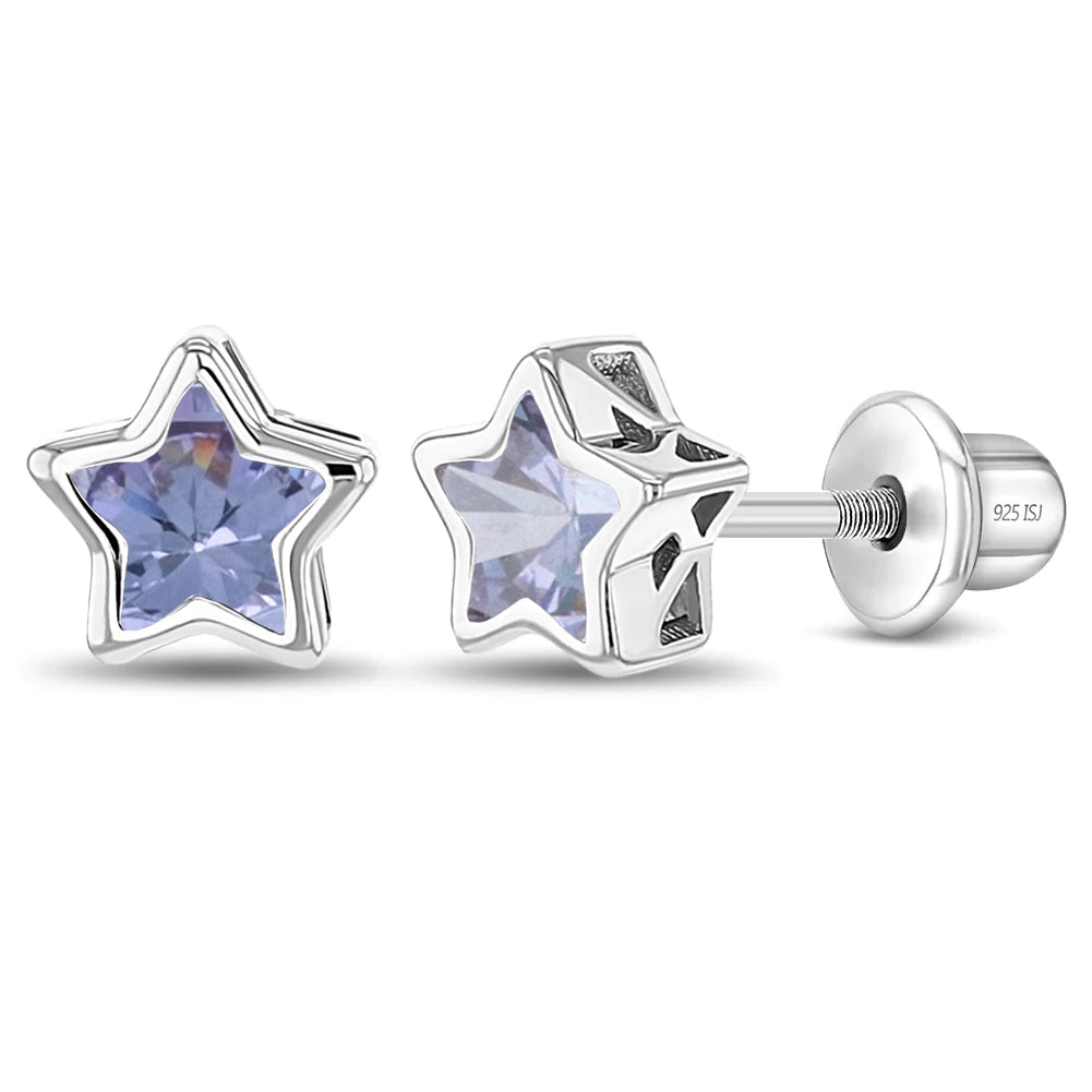 Sterling Silver Girls June CZ Star Birthstone Screw Back Earrings