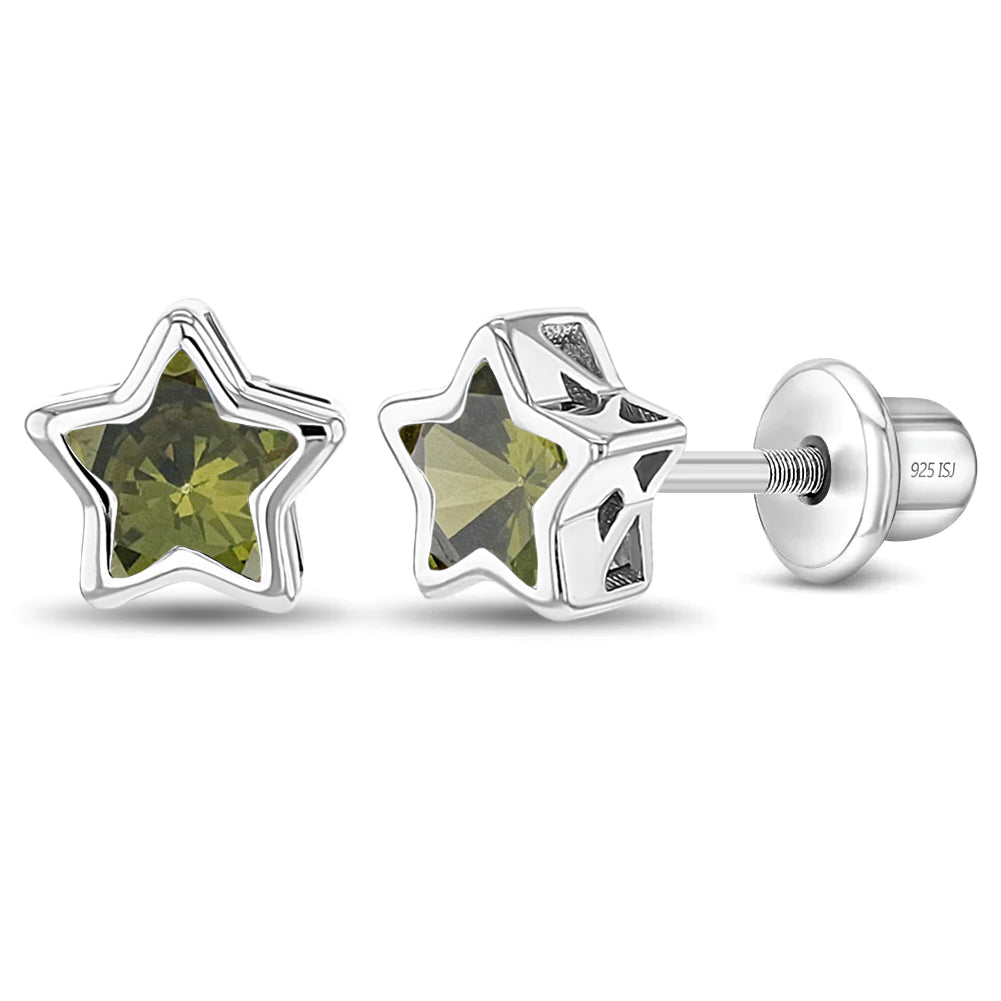 Sterling Silver Girls August CZ Star Birthstone Screw Back Earrings - Melchior Jewellery 